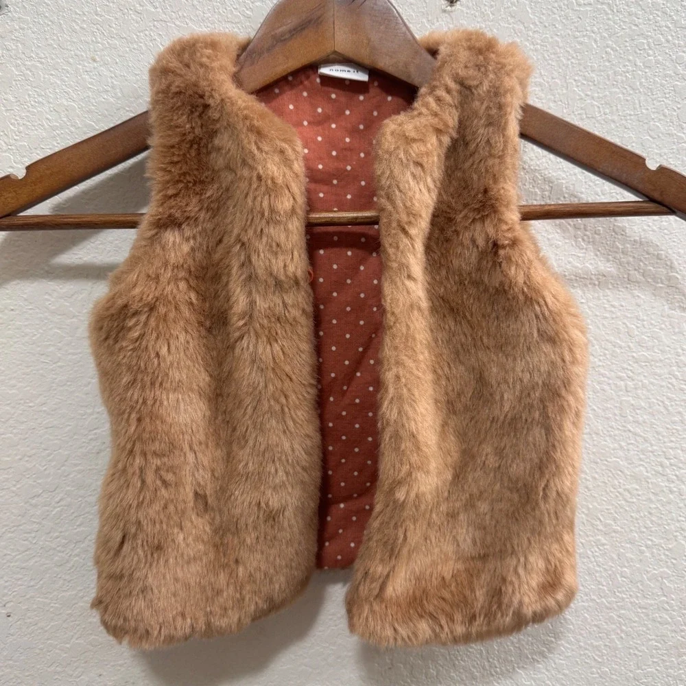 Name It Faux Fur Vest Kids 1-1.5Y 86 Tan Brown Polka Dot Excellent Cozy Layer